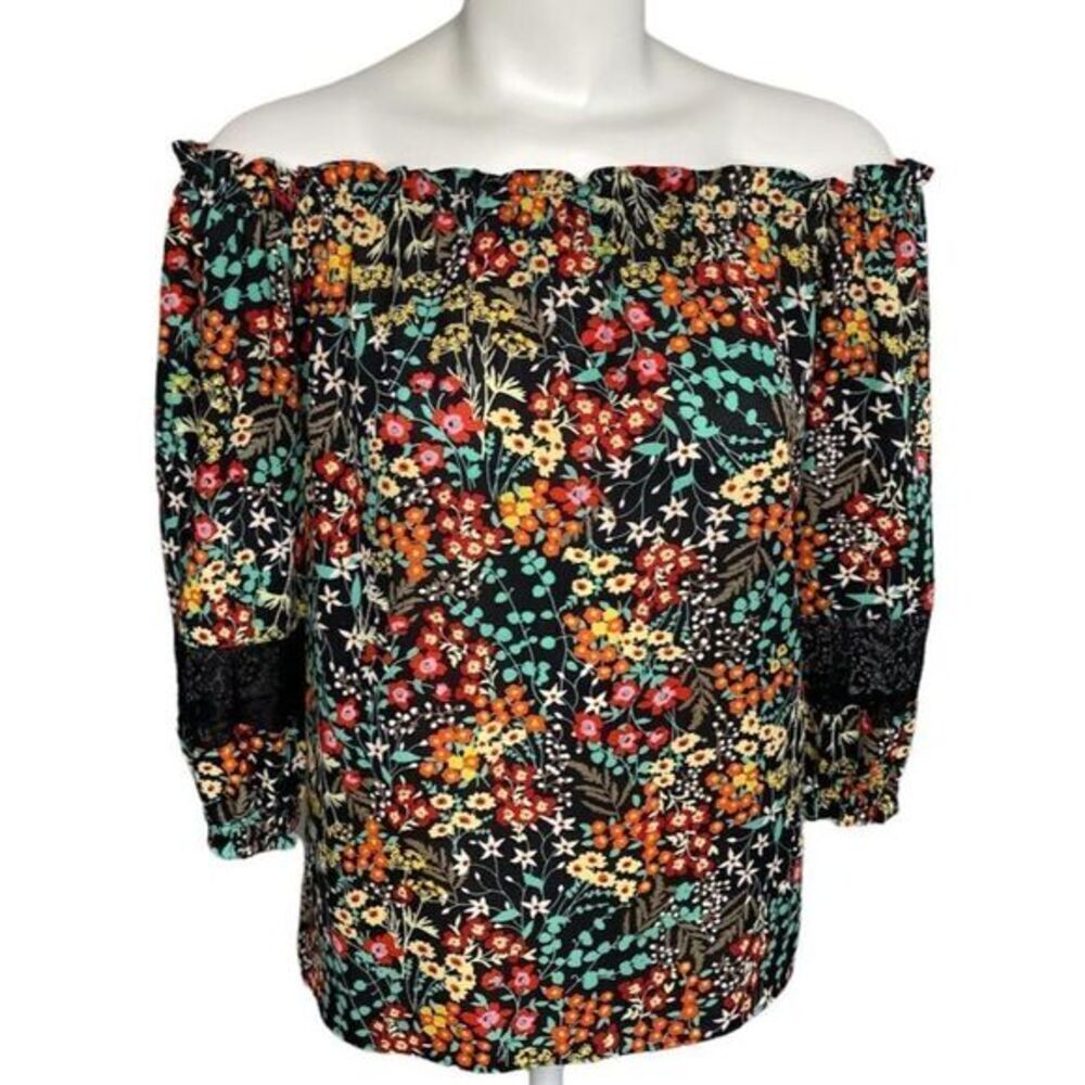 New York & Co Black Floral‎ Off the Shoulder 3/4 Sleeve Top Sz XS